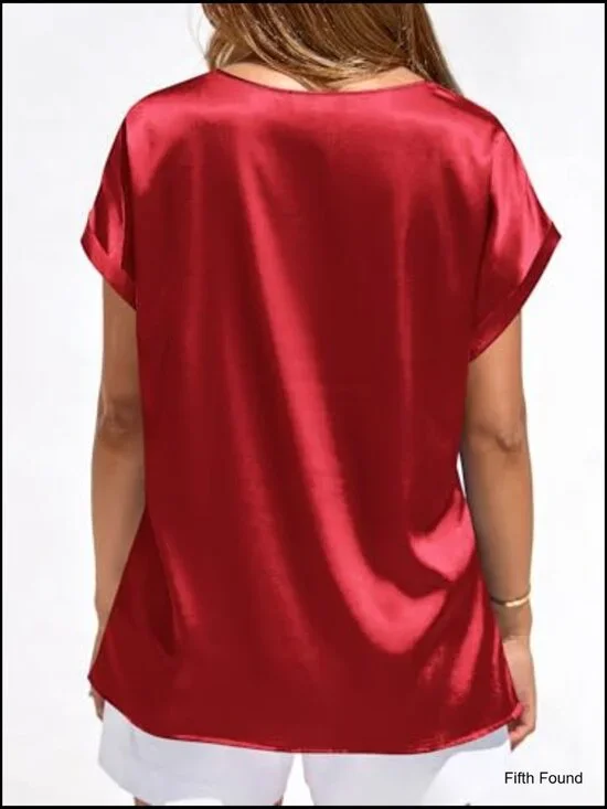 Satin Short Sleeve Blouse Crew Neck Loose Fit Business Casual Top - Picture 4 of 7